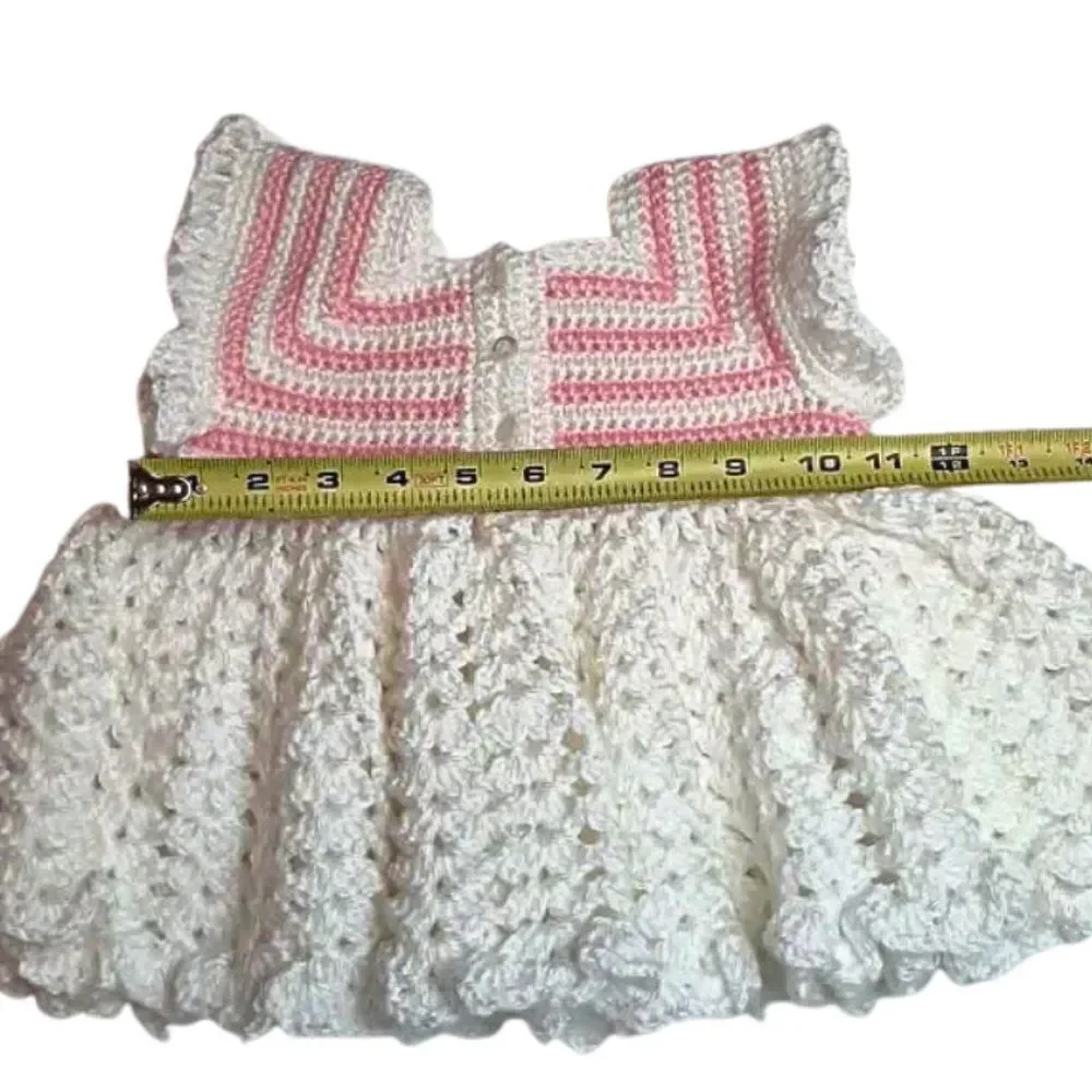 Dress & Matching Bonnet Baby Girl Heirloom Hand Crochet Pink & White